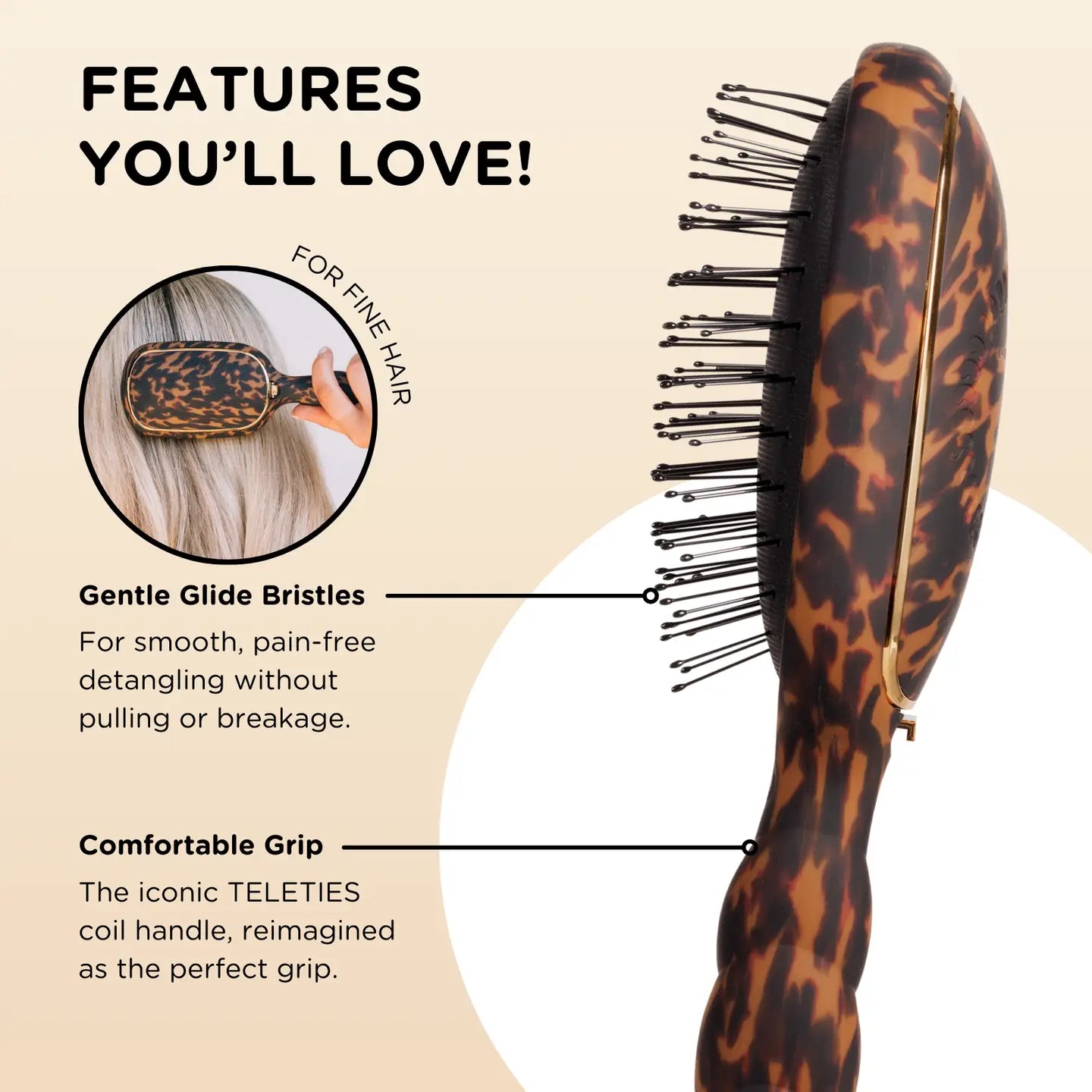 Teleties | Detangler Brush for Fine Hair | Tortoise