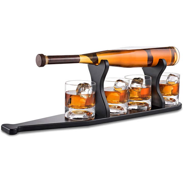 Baseball Bat Whiskey Decanter Set with 4 Baseball Glasses