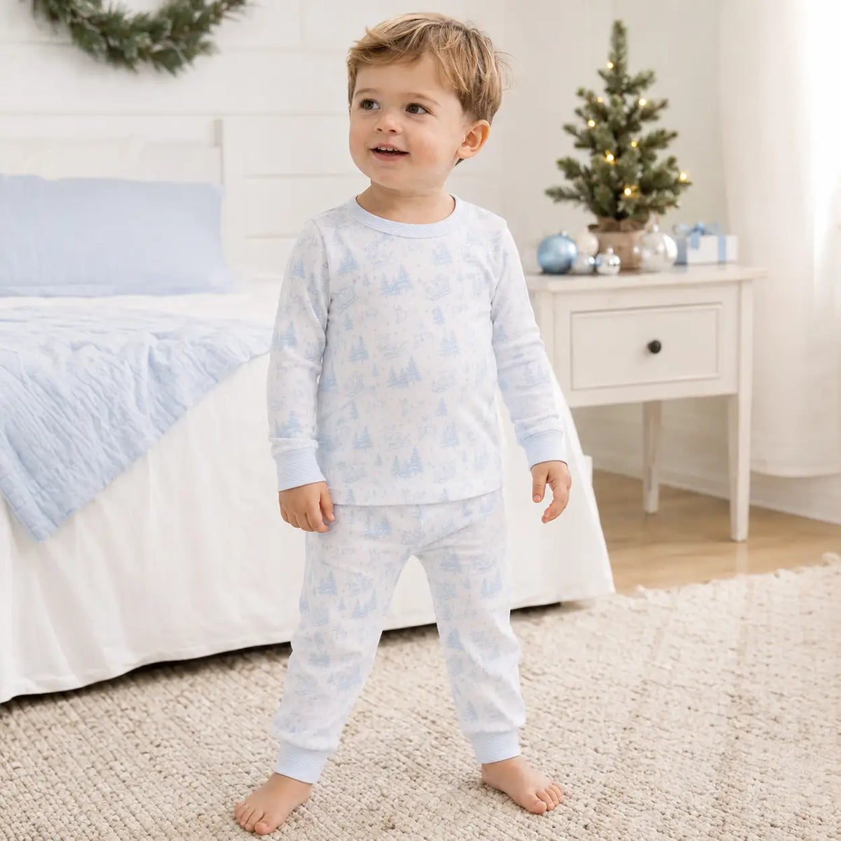 Holiday Toile Long Pajamas | Light Blue
