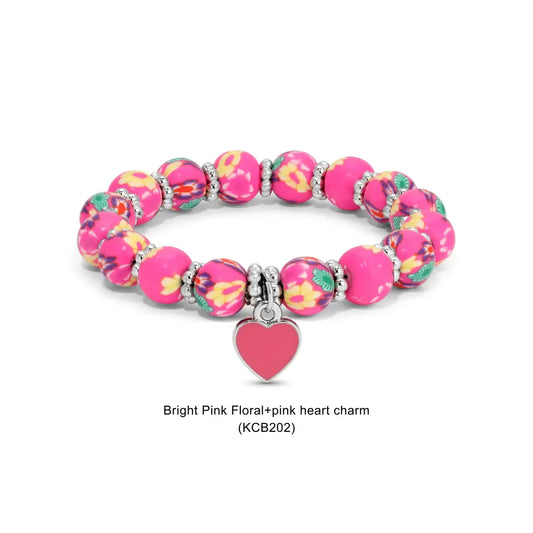 Kids Clay Bracelet -Bright Pink Floral w/ Pink Heart
