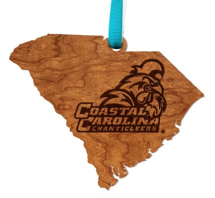 Coastal Carolina Chanticleer Head on South Carolina Outline Cherry Ornament