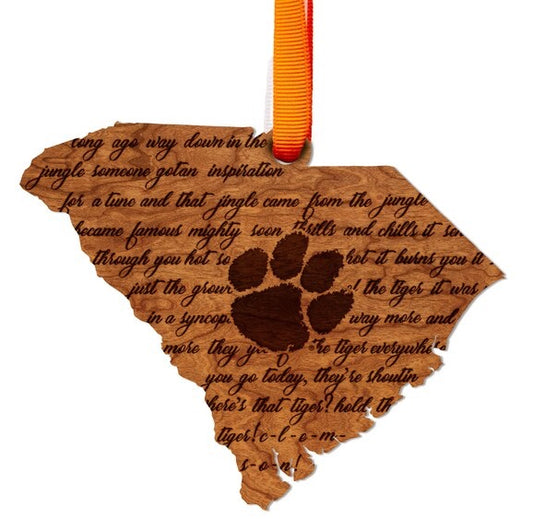 Clemson Fight Song on South Carolina Outline Cherry Ornament