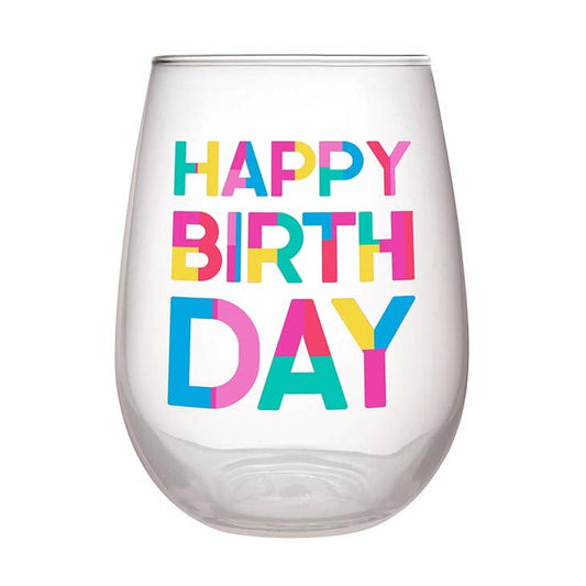 Stemless Wine Glass - Happy Birthday Block