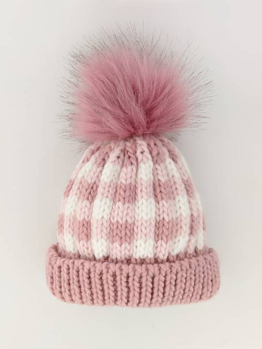 Rosy Pink Buffalo Check Pom Pom Beanie Hat