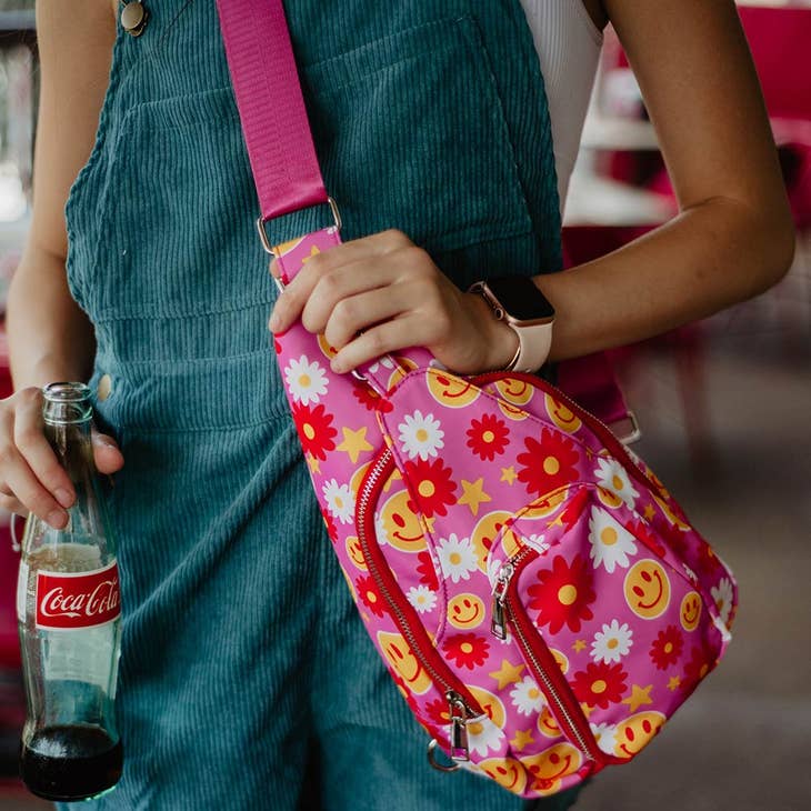 Red Flower Happy Face Sling Bag