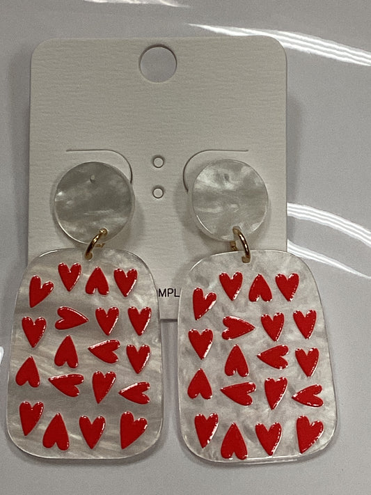 Heart Print Rectangle Earrings- White/Red