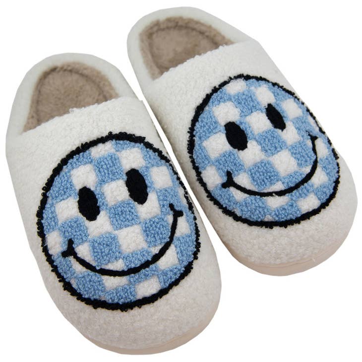 Slippers - Light Blue Checkered Happy Face