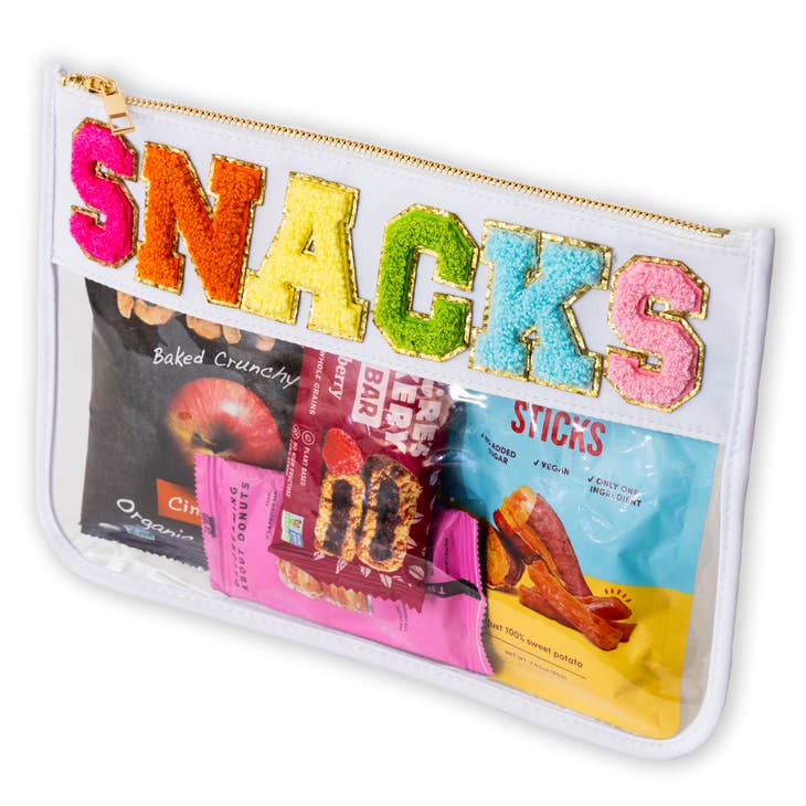 Large Clear Chenille Letter Patch Pouch | Snacks | White