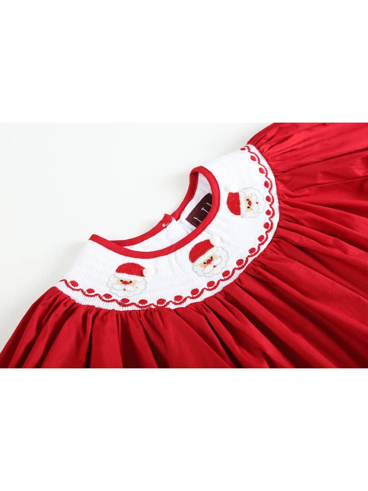 Red Poplin Santa Long Sleeve Smocked Bishop Dress