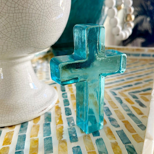 Glass Cross Occasion Gift Box - Baptism, Aqua