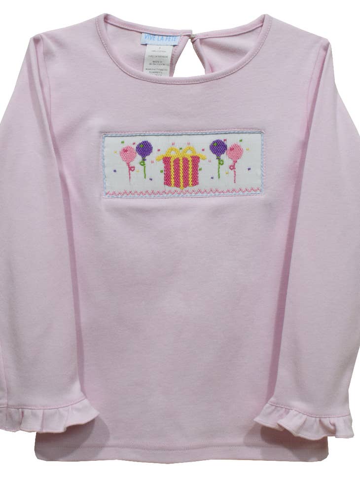 Birthday Smocked Light Pink Knit Ruffle Long Sleeve T-Shirt