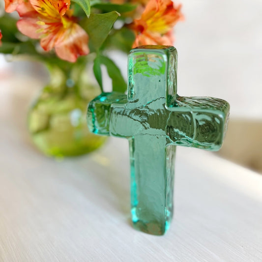 Glass Cross Occasion Gift Box - Baptism, Seaglass Green