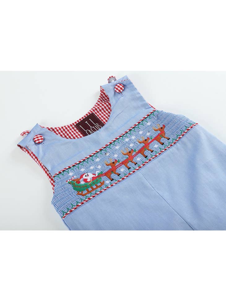 Light Blue Smocked Santa and Sleigh Overalls