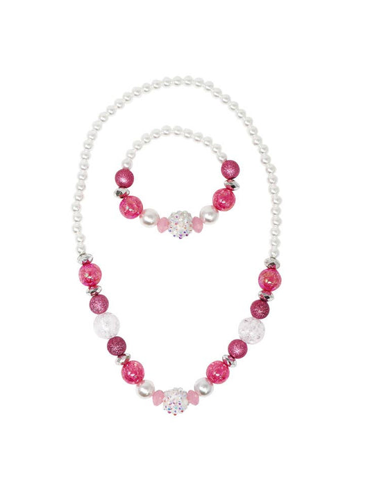 Sparkly Pink and Pearl Beaded Necklace and Bracelet Set