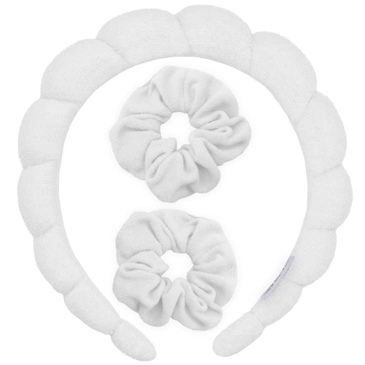 Puffy Terry Cloth Padded Spa Headband with Scrunchies | White