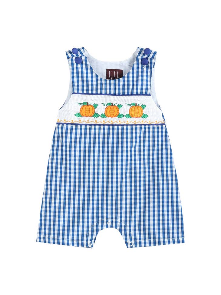 Royal Blue Gingham Pumpkin Smocked Shortalls