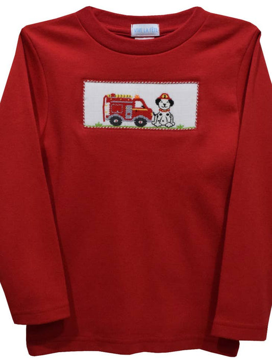 Firetruck & Dalmatian Smocked Knit Long Sleeve Boys T-Shirt