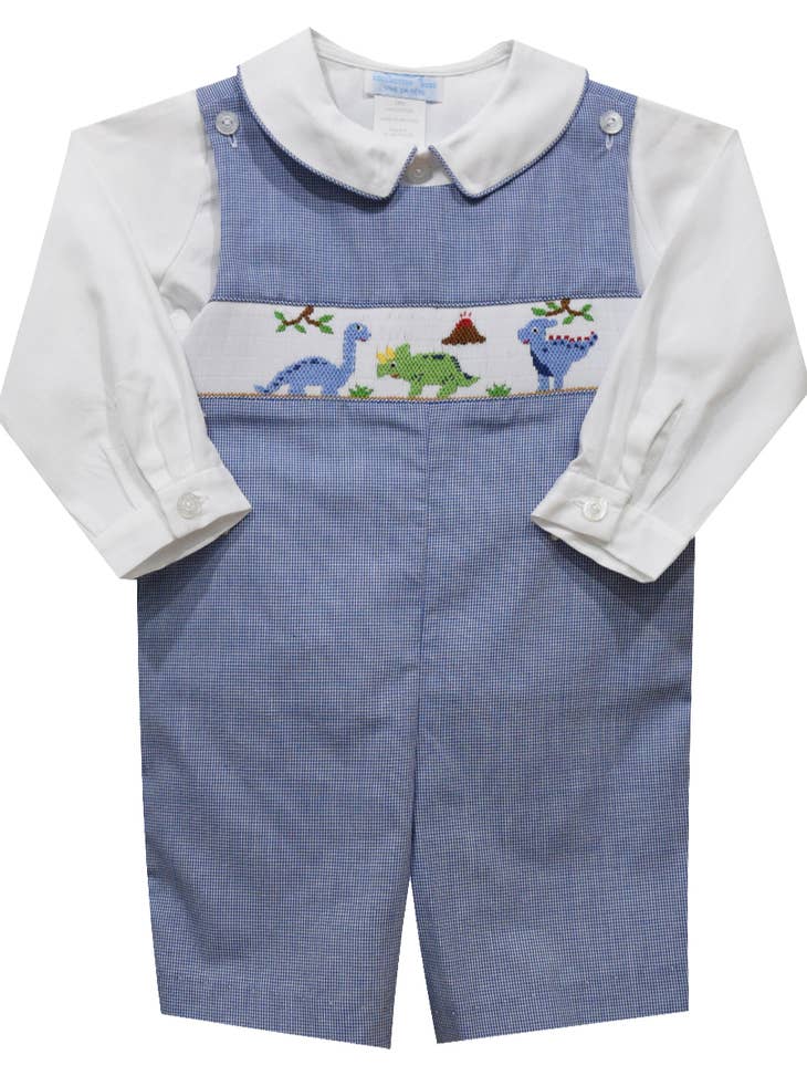 Dinosaurs Smocked Micro Check Long Boys Shortall and Shirt