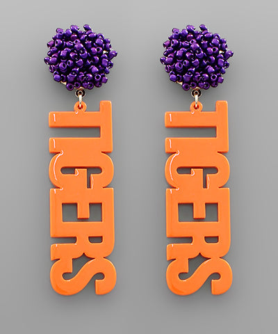 Tiger Letter & Pompom Earrings