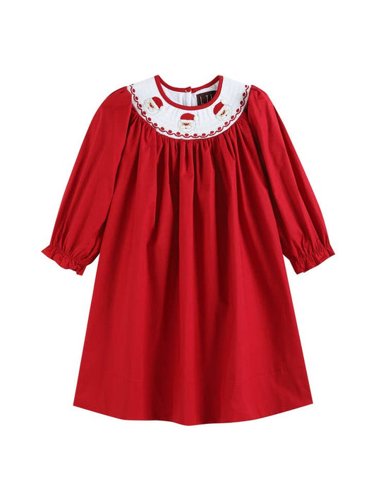 Red Poplin Santa Long Sleeve Smocked Bishop Dress