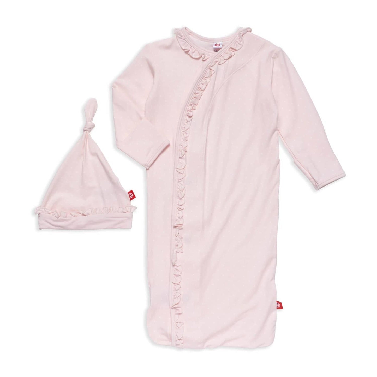 Pin Dot Pink Ruffle Modal Magnetic Sleeper Gown + Hat Set - NB-3M