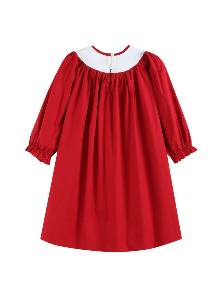 Red Poplin Santa Long Sleeve Smocked Bishop Dress