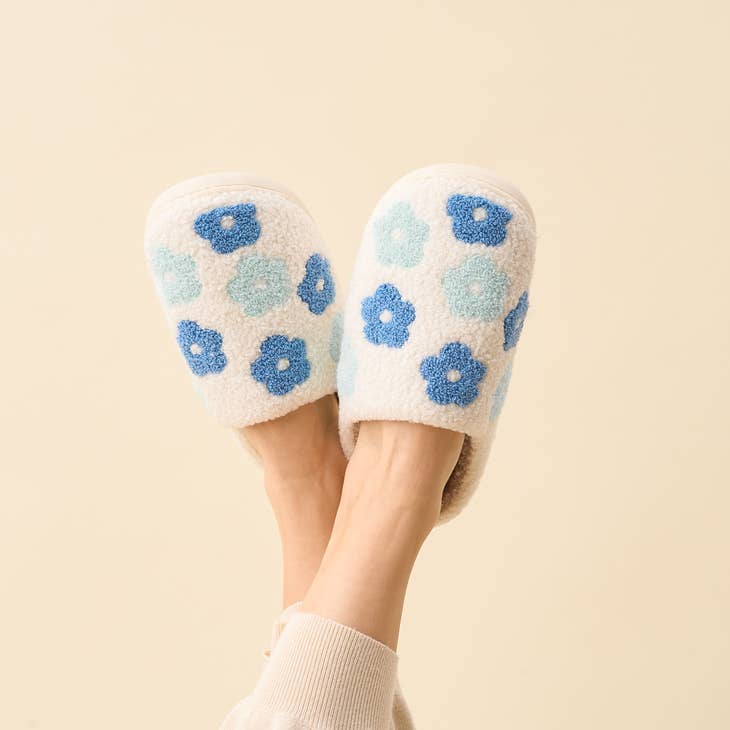 Fuzzy Slippers - Blue Flower