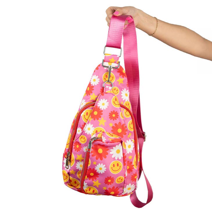 Red Flower Happy Face Sling Bag