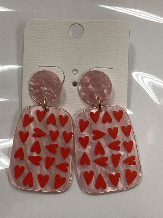 Heart Print Rectangle Earrings- Pink/Red