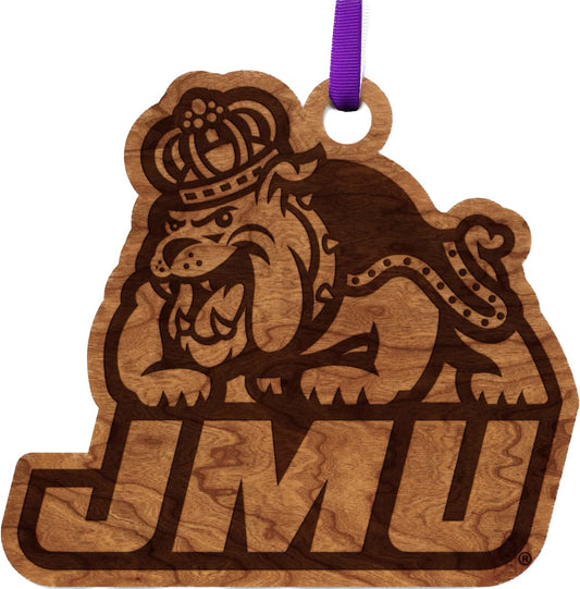 James Madison University Duke Dog with JMU Letters Cherry Ornament