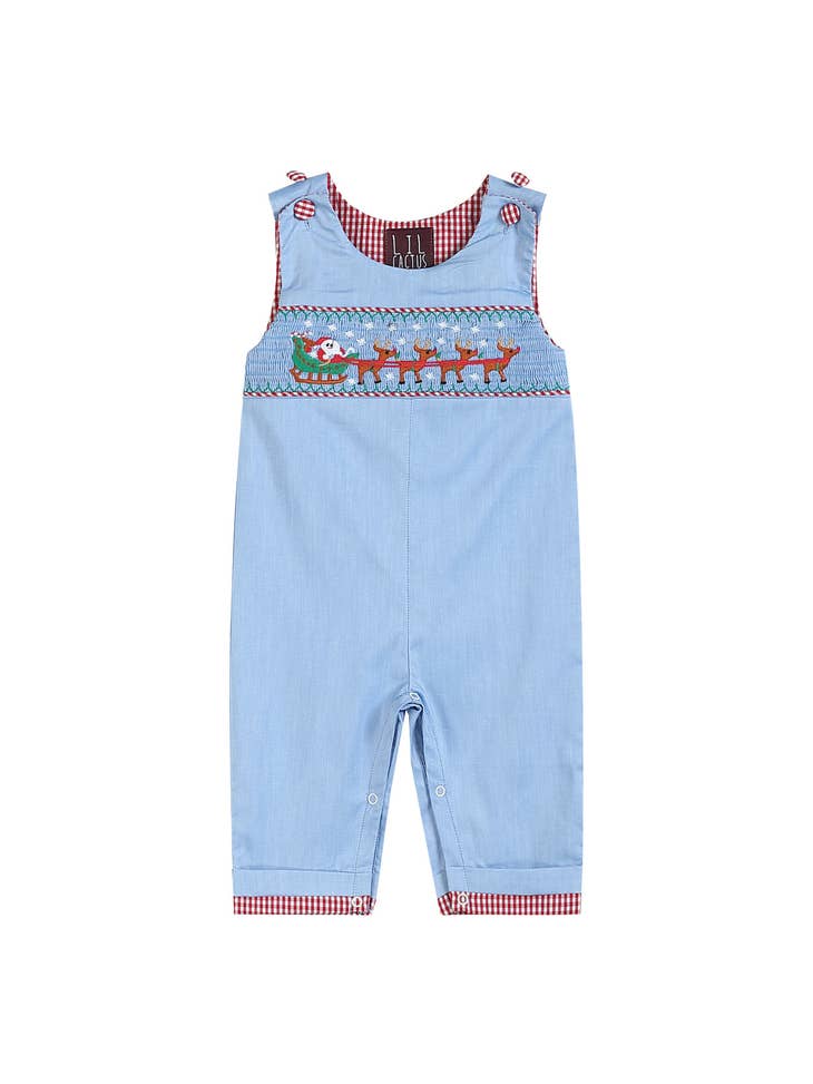 Light Blue Smocked Santa and Sleigh Overalls