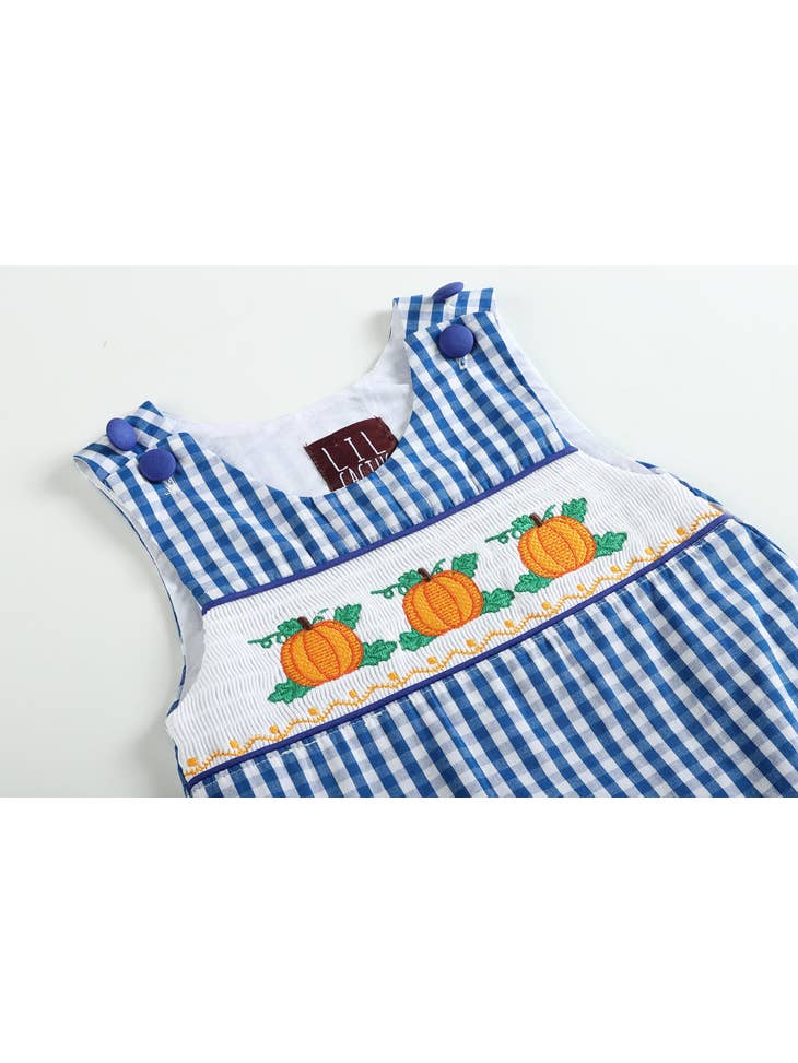 Royal Blue Gingham Pumpkin Smocked Shortalls