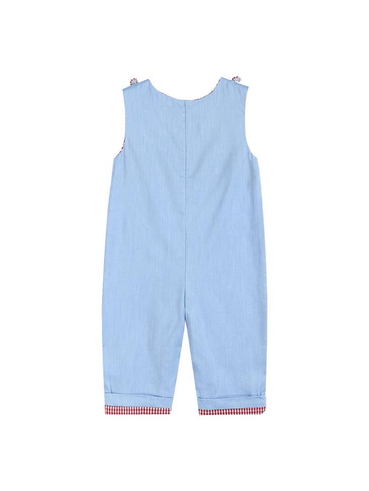 Light Blue Smocked Santa and Sleigh Overalls