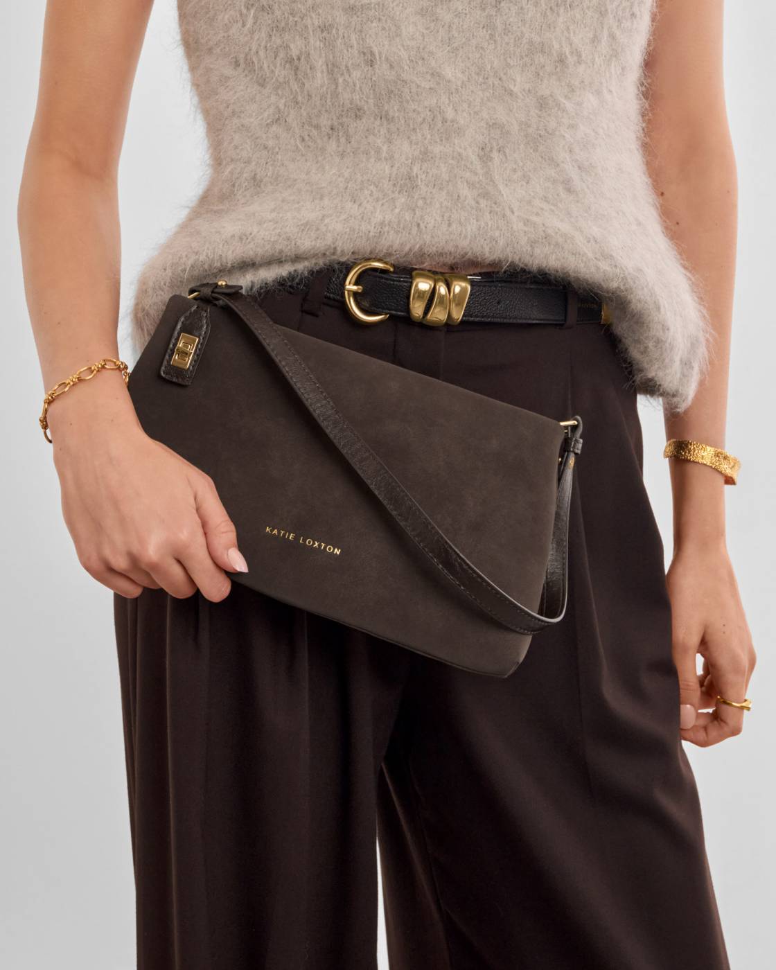 Orin Twist Lock Suedette Small Shoulder Bag | Bitter Chocolate