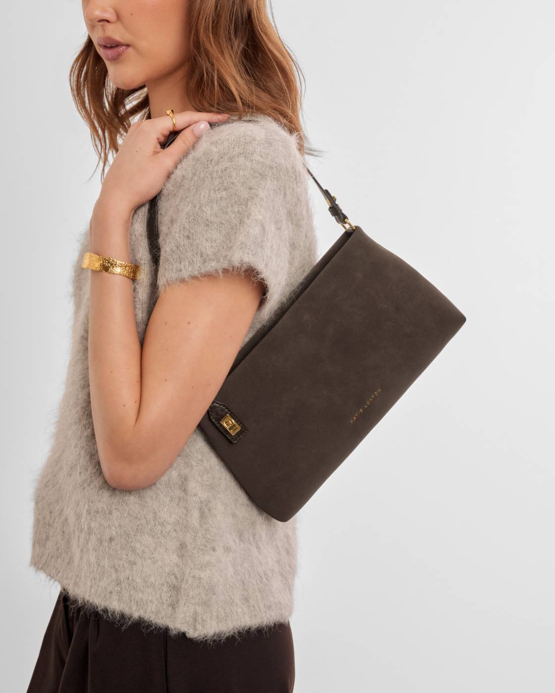 Orin Twist Lock Suedette Small Shoulder Bag | Bitter Chocolate