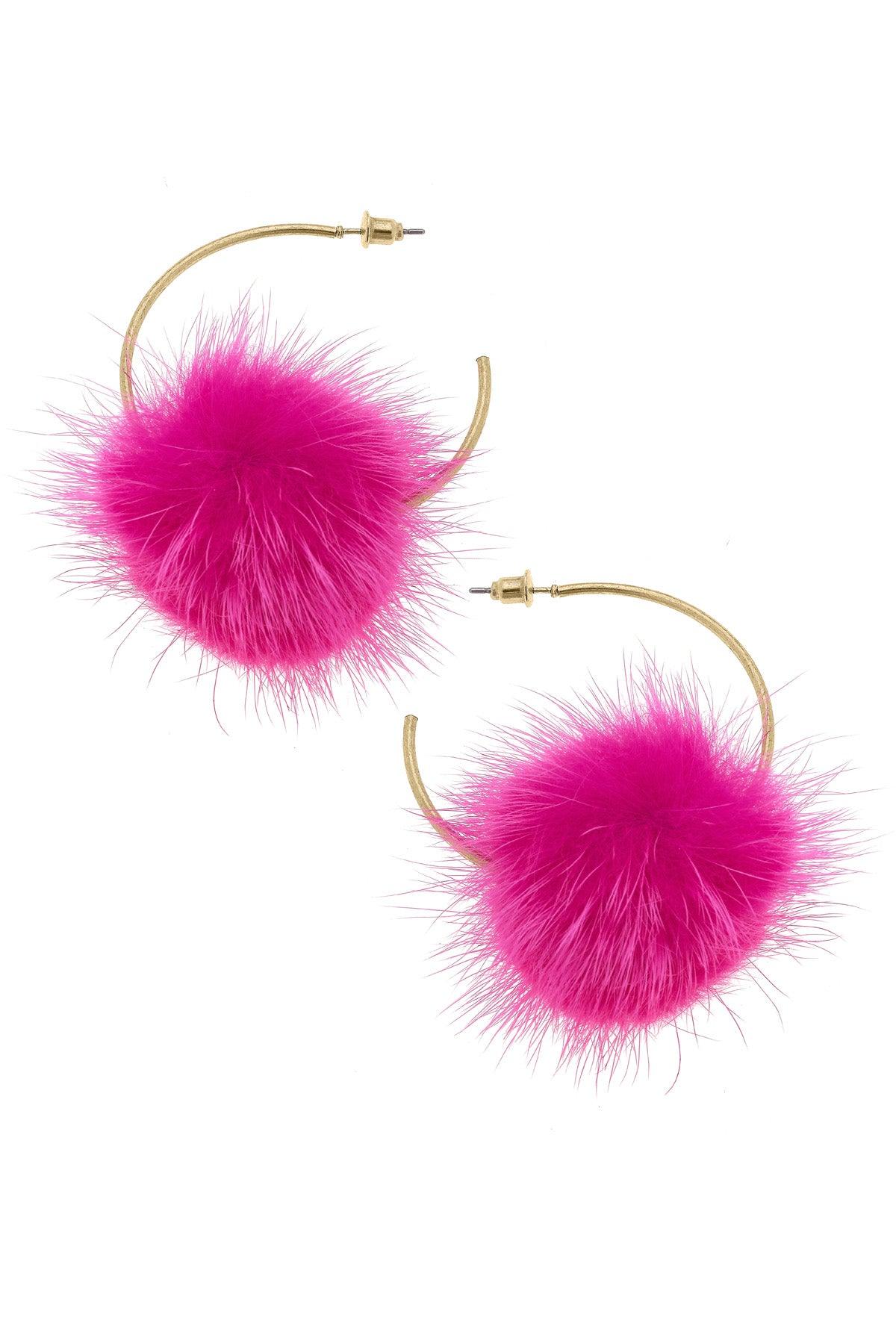 Kyra Faux Mink Pompon Hoop Earrings | Fuchsia