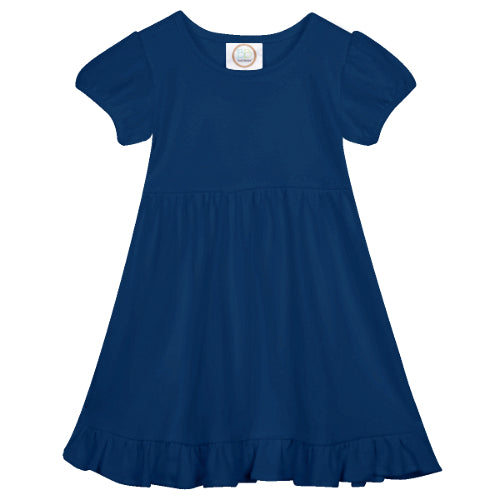 Short Sleeve Empire Waist Ruffle Dress - Navy