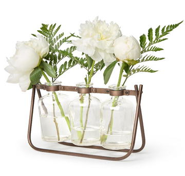 Hinged Flower Arranger with 3 Glass Bottle Vases on Metal Stand