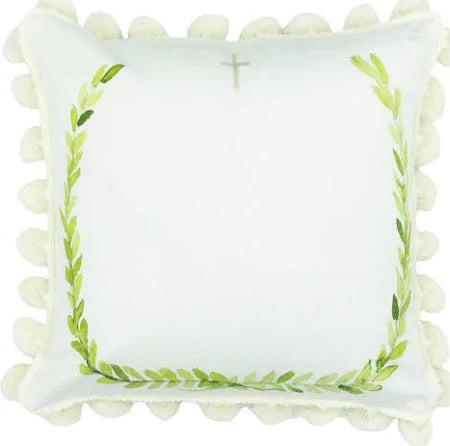 Laurel w/ Cross Pillow with Cream Pompom Trim