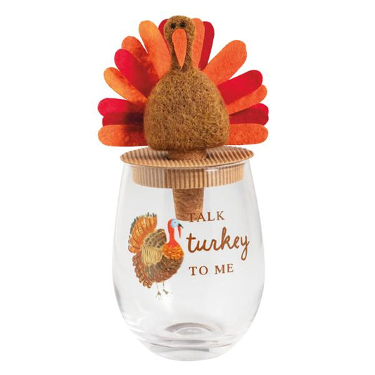 Turkey Thanksgiving Wine Glass & Stopper Set