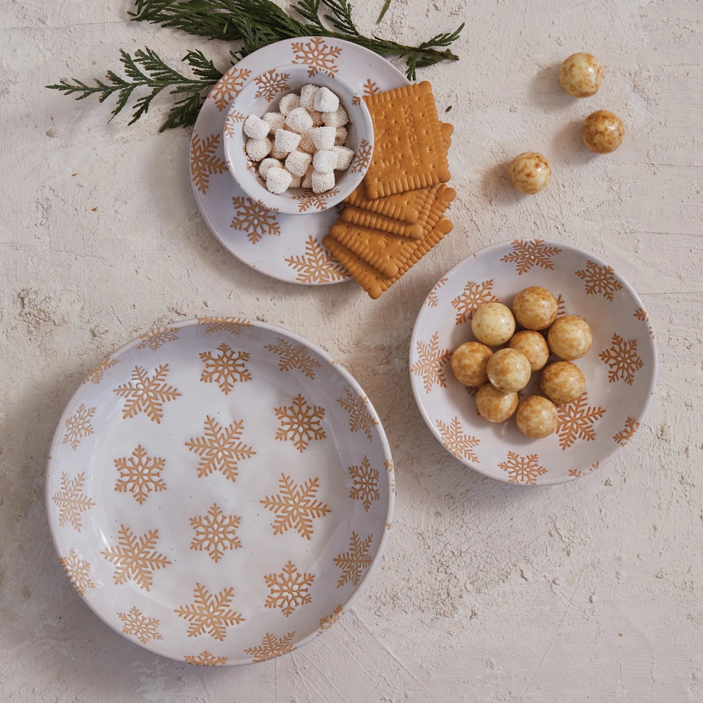 Stoneware Bowl w/ Wax Relief Snowflakes
