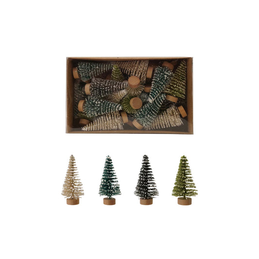 Bottle Brush Trees with Wood Bases & Snow Finish | Boxed Set of 24