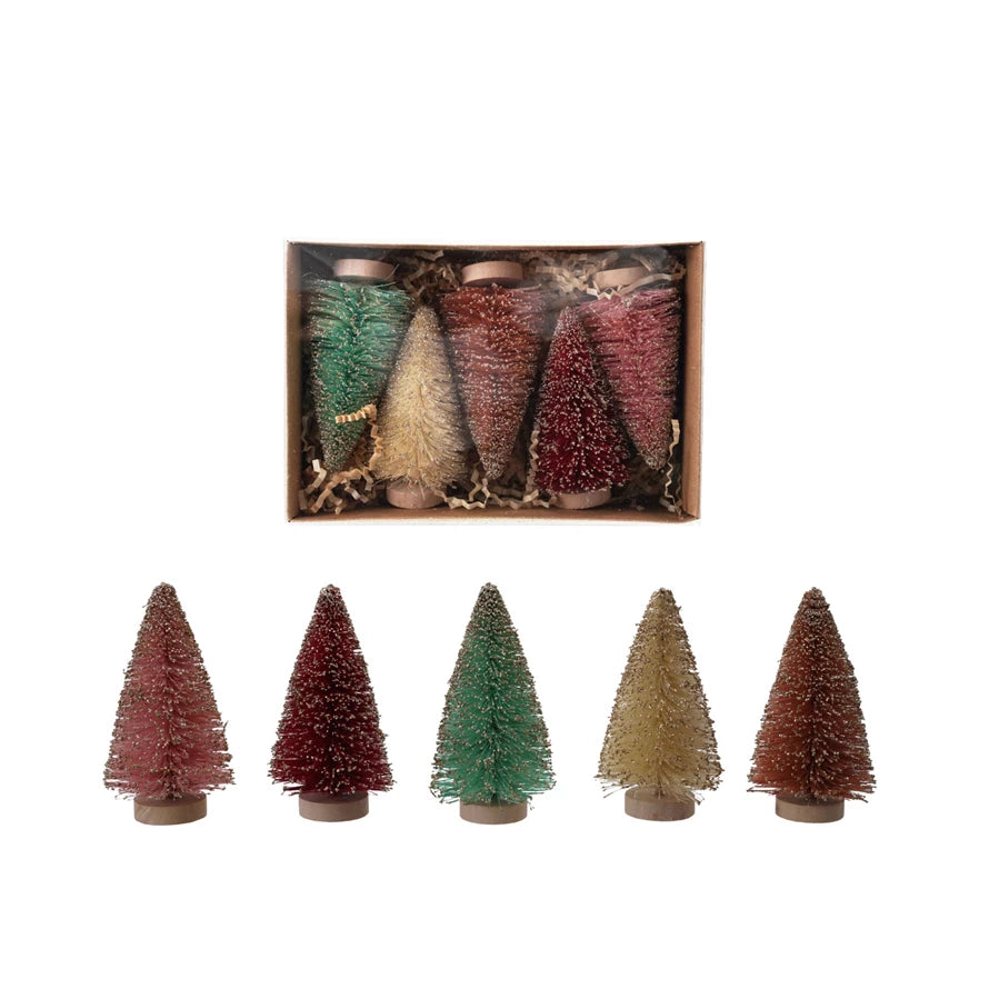 Bottle Brush Trees with Glitter & Wood Bases | Boxed Set of 5