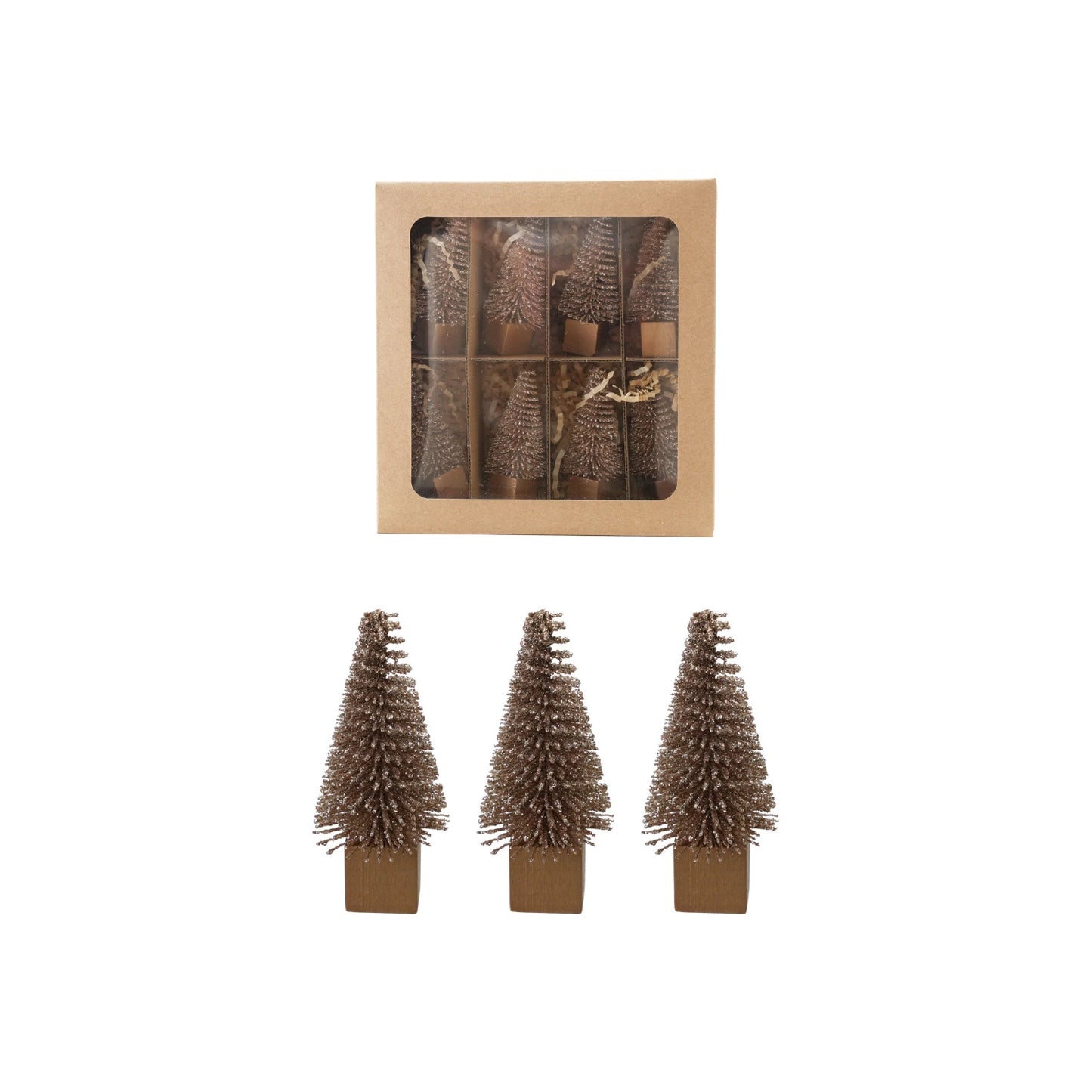Bottle Brush Trees with Wood Bases | Boxed Set of 8