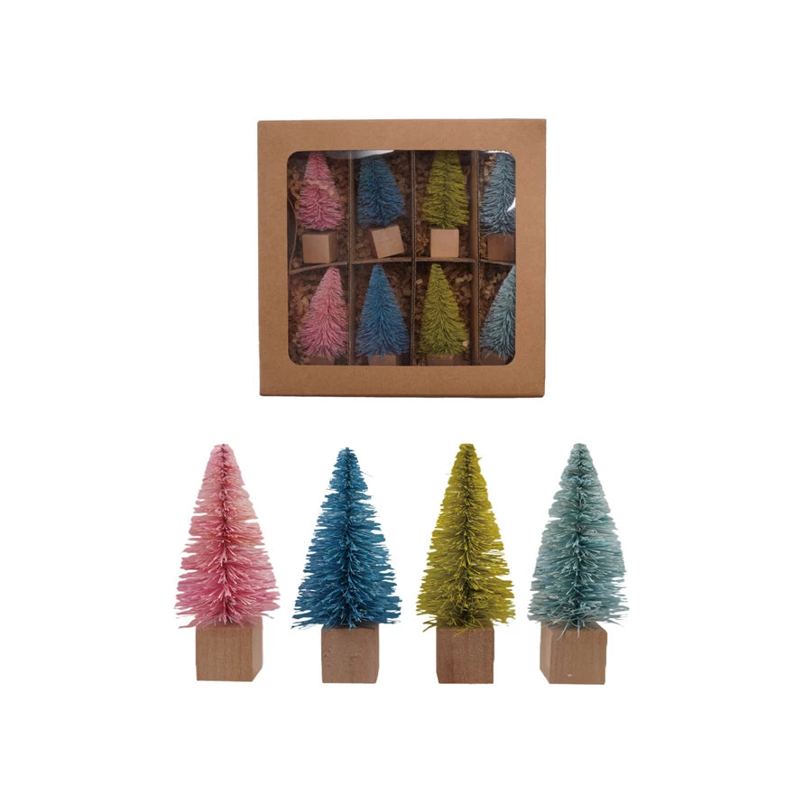 Colored Bottle Brush Trees with Wood Bases | Boxed Set of 8
