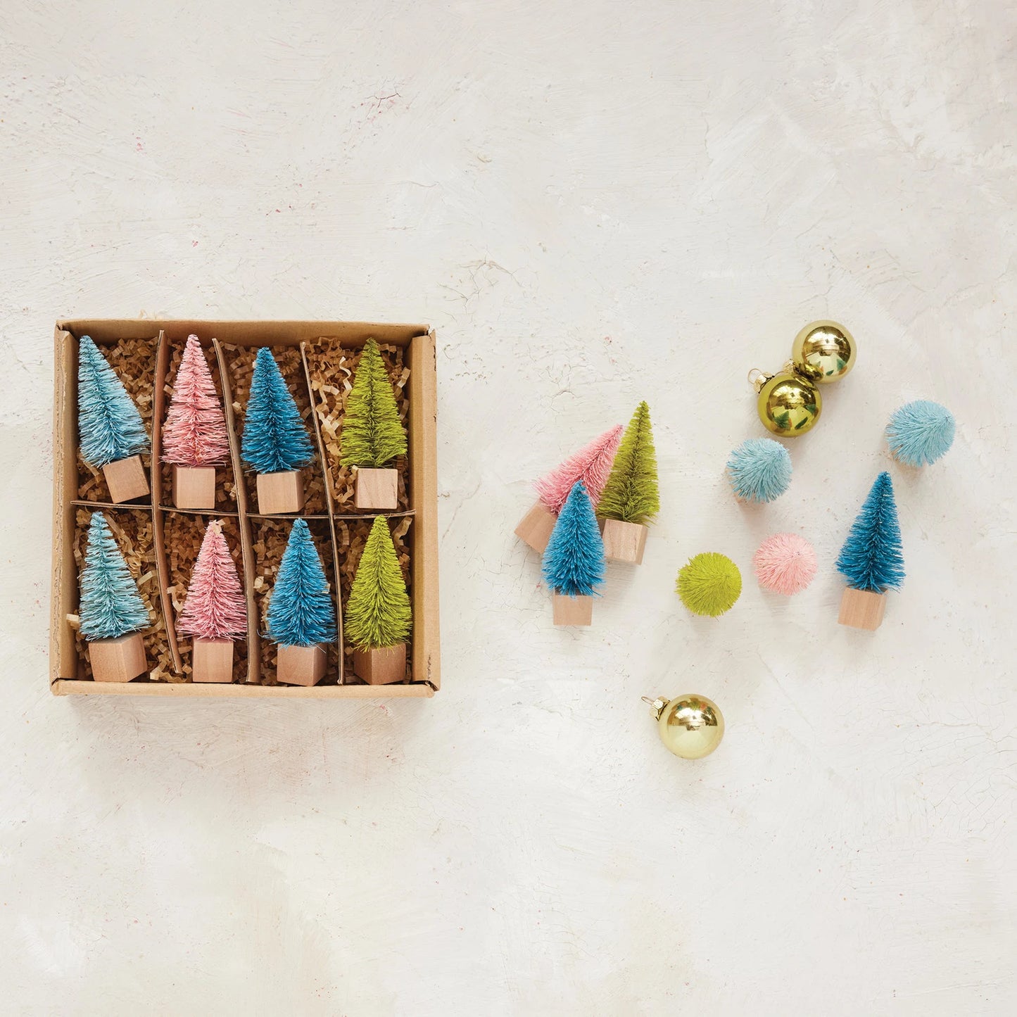 Colored Bottle Brush Trees with Wood Bases | Boxed Set of 8