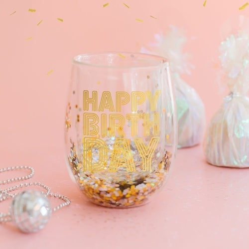 Glitter Happy Birthday Stemless Wine Glass