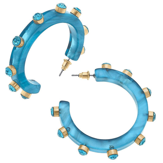 Renee Resin and Rhinestone Hoop Earrings in Aqua