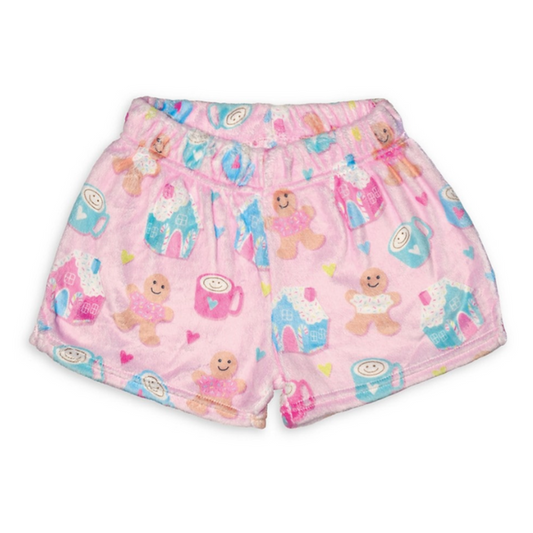 Large Girl's Gingerbread Village Plush Shorts