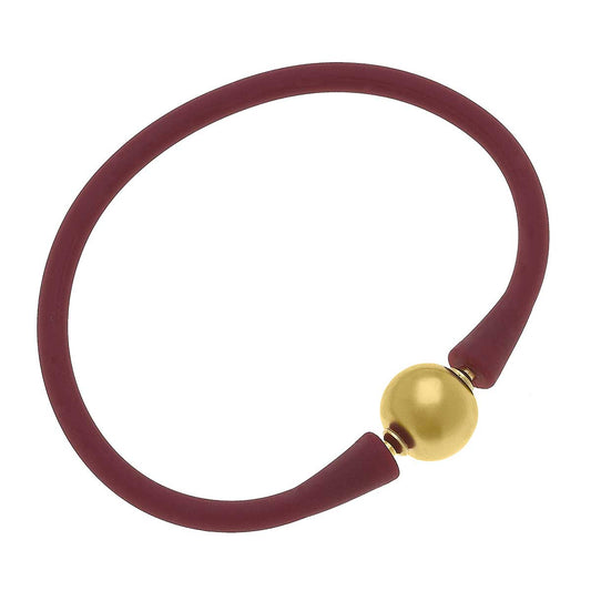 Bali 24K Gold Plated Ball Bead Silicone Bracelet in Burgundy